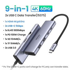 Hub 9 in 1 USB Type-C sang HDMI 4K@60Hz, Lan 1Gbps, Type-C, USB 3.0, SD/TF Sạc PD 100W Ugreen 15375