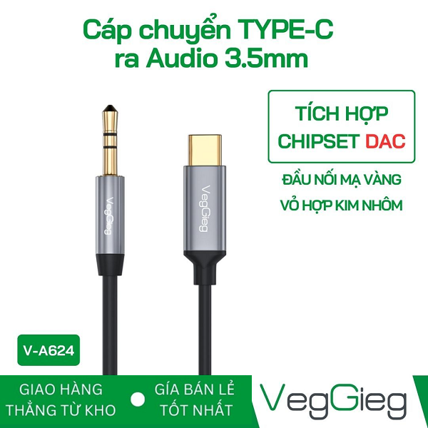 Cáp chuyển đổi VEGGIEG V-A624 Type-C sang Audio DC 3.5mm chính hãng