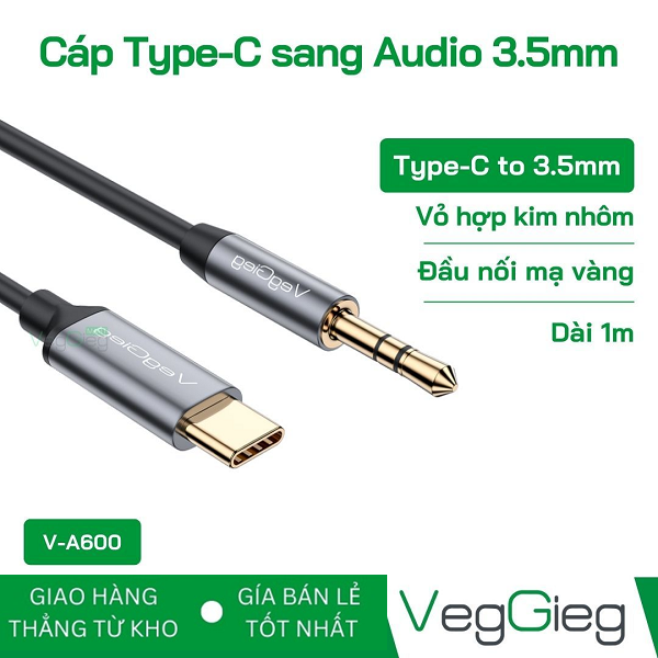 Cáp chuyển đổi VEGGIEG  V-A600  Type C sang Audio DC 3.5mm cao cấp