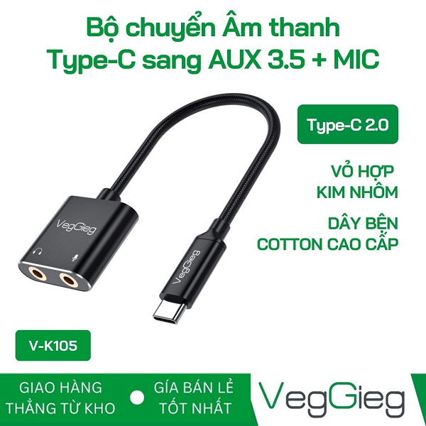 Bộ chuyển đổi VEGGIEG V-K105 Type-C ra AUX 3.5 + MIC chính hãng