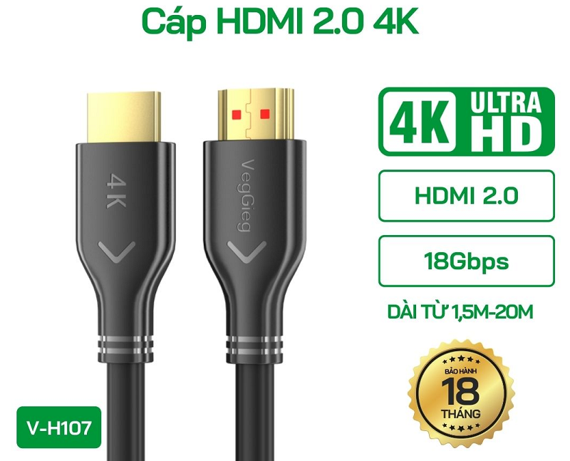 Cáp HDMI 2.0 dài 1,5m,3m,,5m,15m,20m  VegGieg 2K*4K 60HZ - V-H107 cao cấp