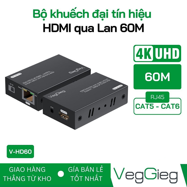 Bộ khuếch đại kéo dài tín hiệu VegGieg HDMI qua Lan 60M - V-HD60 cao cấp