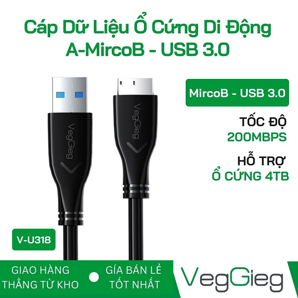 Cáp dữ liệu ổ cứng di động A-MircoB - USB 3.0 VegGieg V-U318 chính hãng