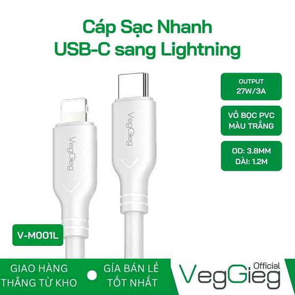 Cáp Sạc Nhanh VegGieg USB-C sang Lightning cho iPhone Màu Trắng - V-M001L chính hãng