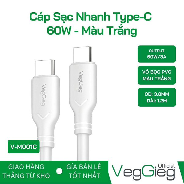 Cáp Sạc Nhanh VegGieg Type-C 60W Màu Trắng - V-M001C cao cấp