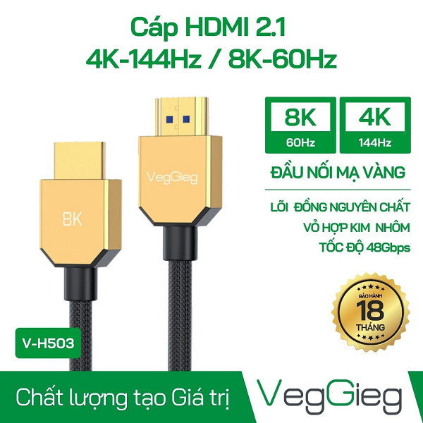 Dây,Cáp HDMI 2.1 dài 1,5M  VEGGIEG hỗ trợ 4K144Hz/8K60Hz chính hãng