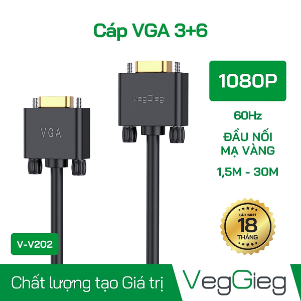 Cáp VGA 3+6 dài 1,5m VegGieg 2 Đầu Dương V2 - V-V202 chính hãng