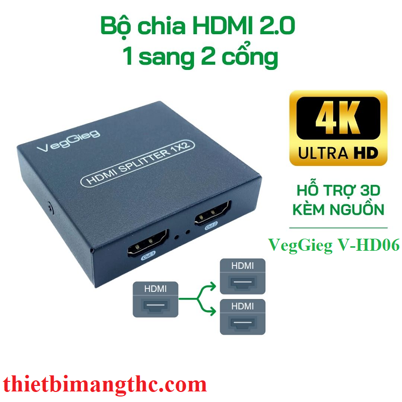 VegGieg V-HD06 Bộ Chia HDMI 1 Ra 2 chính hãng