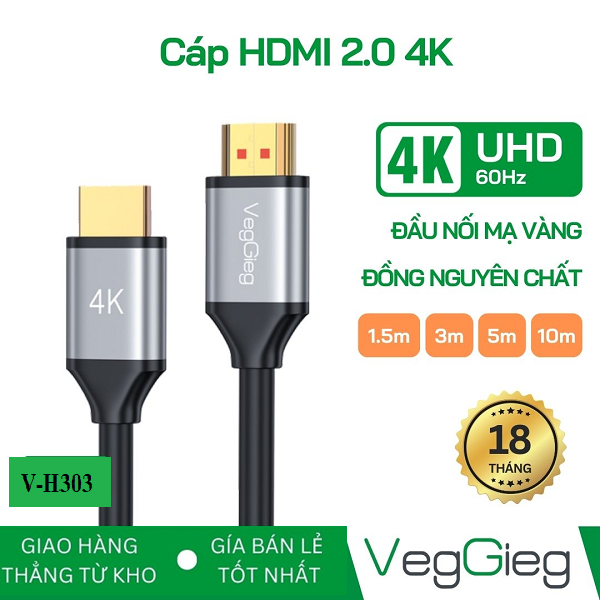 Cáp HDMI 2.0 dài 3m VegGieg 4K@60Hz - V-H303 chính hãng