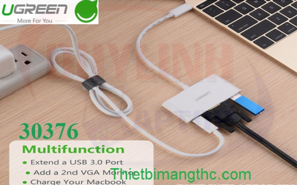 Cáp USB Type C To VGA, Lan 10/100Mbps, Hub USB 3.0 Ugreen 40378