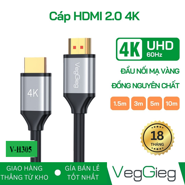 Cáp HDMI 2.0 dài 10m VegGieg 4K@60Hz - V-H305 chính hãng