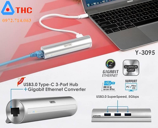 Bộ chia USB Type-C ra 3 cổng USB 3.0 Unitek Y-3095 sang Lan , 