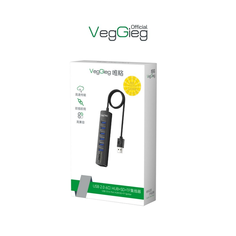 VegGieg V-C306 Bộ Chia/ Hub USB2.0 ra 6 cổng USB2.0 + Đầu Đọc Thẻ (SD+TF 2 in 1) chính hãng