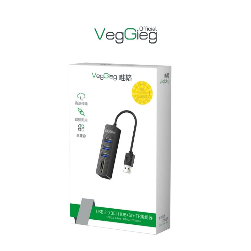 VegGieg V-C303 Bộ Chia USB2.0 ra 3 cổng USB2.0 + Đầu Đọc Thẻ (SD+TF 2 TRONG 1) chính hãng