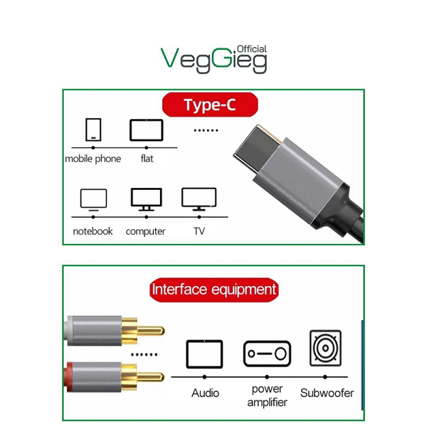 Cáp chuyển đổi VEGGIEG V-A621 TYPE-C ra 2 Audio RCA chính hãng