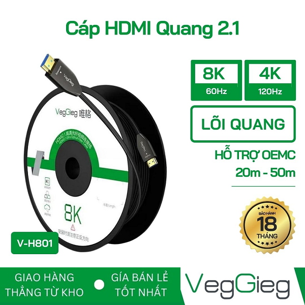 Dây,Cáp HDMI quang 2.1 dài 20M VEGGIEG V-H801 hỗ trợ 8K60Hz