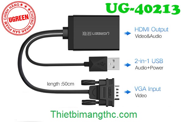 Cáp chuyển đổi VGA to HDMI hỗ trợ Audio chính hãng Ugreen 40213