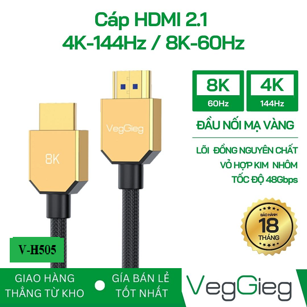 Dây,Cáp HDMI 2.1 dài 3M  VEGGIEG V-H505 hỗ trợ 4K144Hz/8K60Hz chính hãng