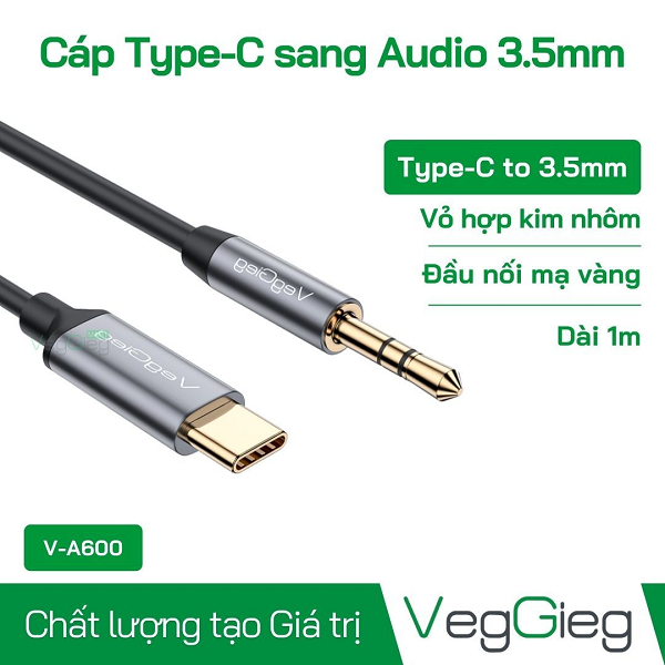 Cáp VEGGIEG V-A600 Type C sang Audio DC 3.5mm cao cấp