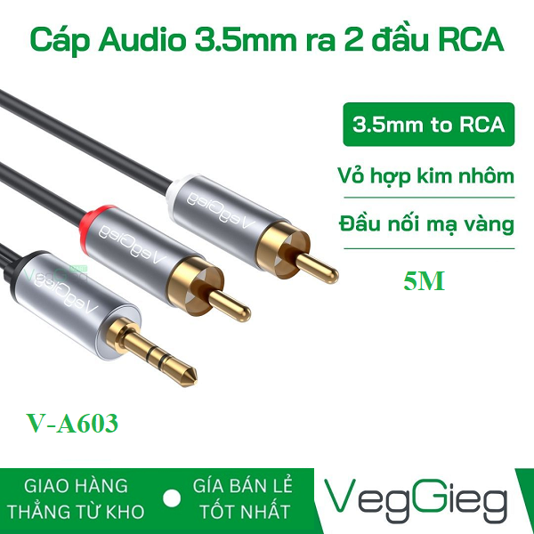 Cáp VEGGIEG V-A603 Audio 3.5mm ra 2 đầu RCA dài 5m chính hãng