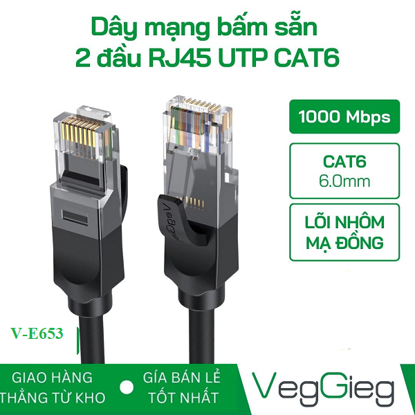 Dây Mạng Bấm Sẵn 2 đầu RJ45 UTP CAT6  VegGieg dài 2M - V-E653 chính hãng