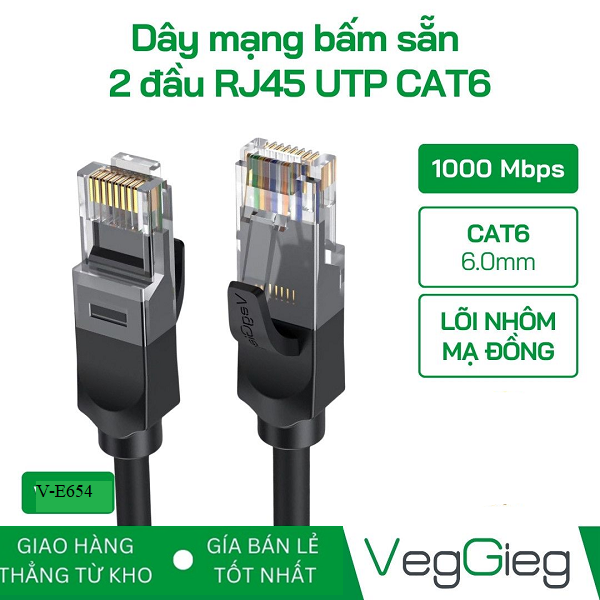 Dây Mạng Bấm Sẵn 2 đầu RJ45 UTP CAT6  VegGieg dài 3M - V-E654 chính hãng