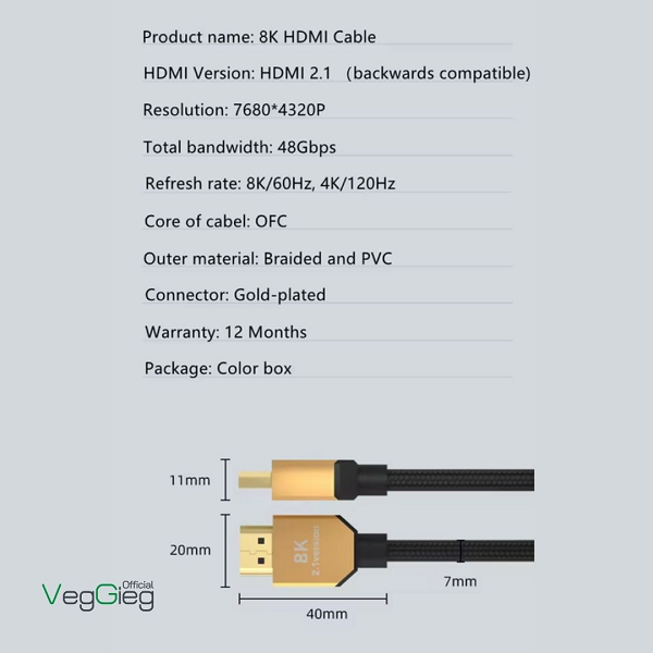 Dây,Cáp HDMI 2.1 dài 1,5M  VEGGIEG hỗ trợ 4K144Hz/8K60Hz chính hãng