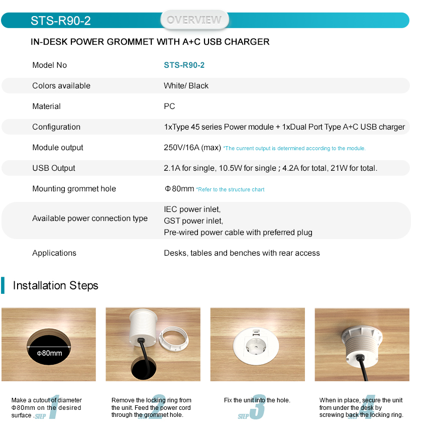 STS-R90-2W Ổ cắm âm bàn 