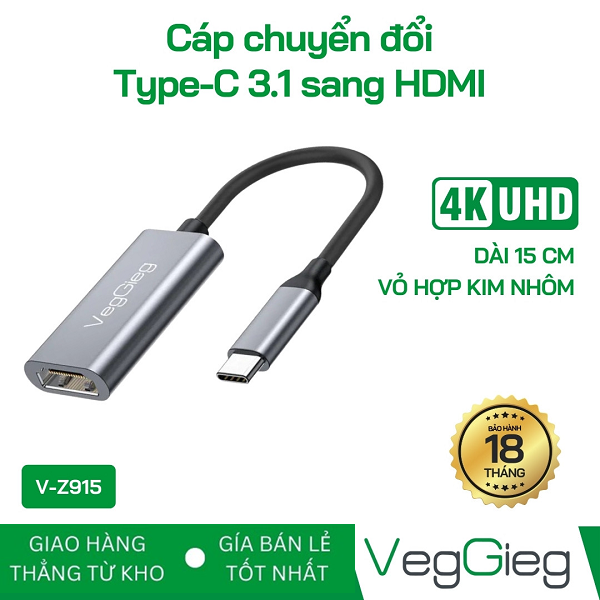 Cáp chuyển đổi Type C 3.1 sang HDMI dài 15cm VegGieg - V-Z915