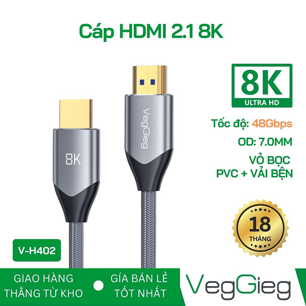 Cáp HDMI 2.1  dài 1,5M  VEGGIEG V-H402 siêu nét hỗ trợ 4K144Hz/8K60Hz  chính hãng