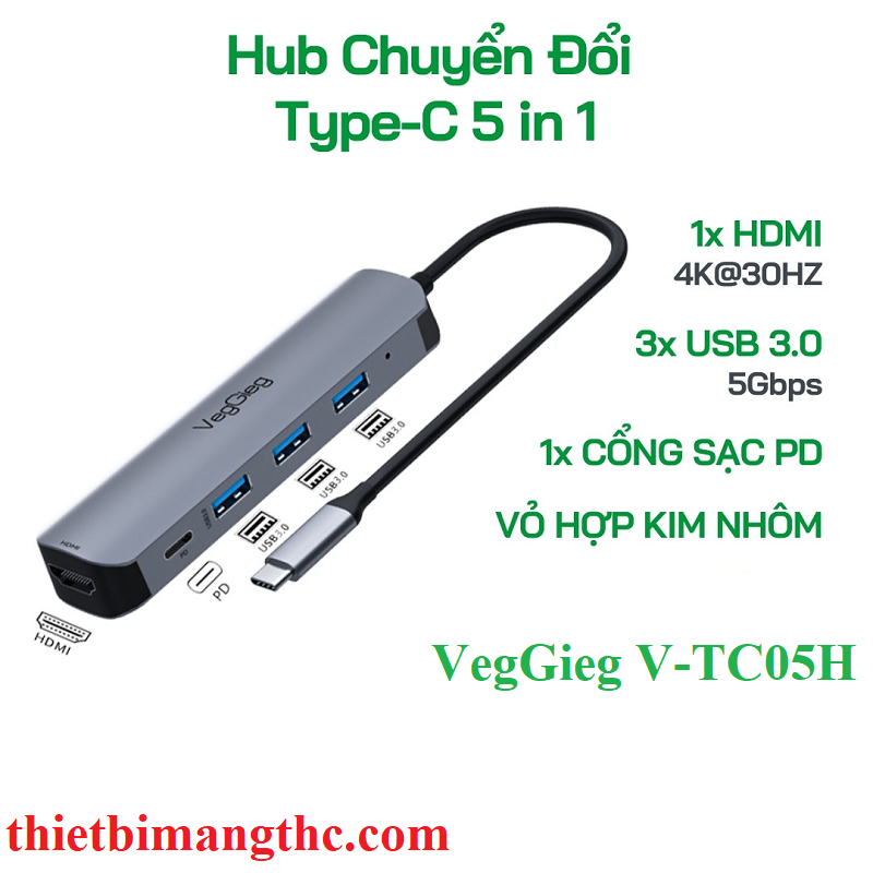 VegGieg V-TC05H Hub chuyển đổi Type C - 5 in 1 chính hãng