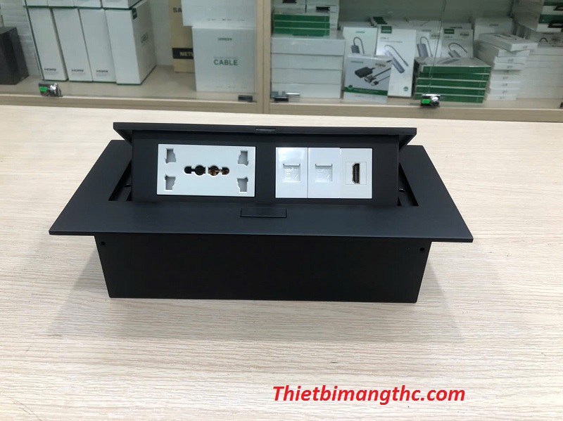 Hộp âm bàn sinoamigo cao cấp STS-212GST-2B Black lắp (điện đa năng, 2 mạng Cat6, 1 HDMI) cao cấp