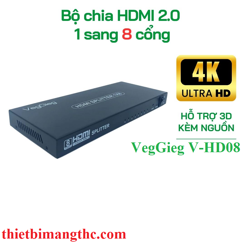 VegGieg V-HD08 Bộ chia HDMI 1 ra 8 cổng chính hãng