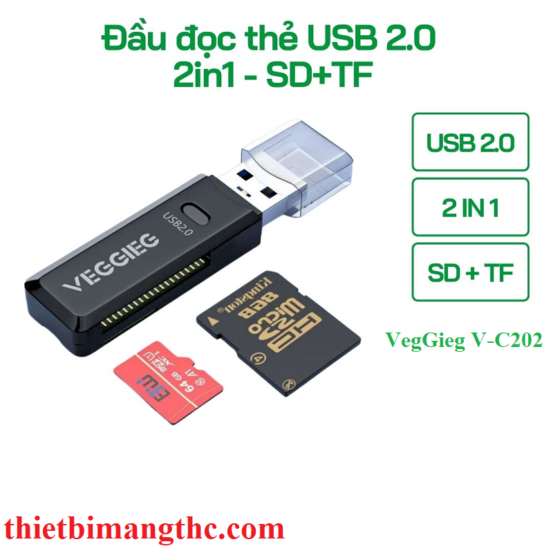 VegGieg V-C202 Đầu đọc thẻ USB2.0 2 trong 1 SD+TF cao cấp