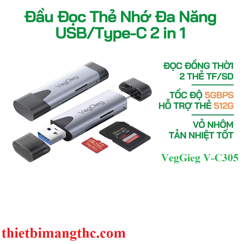 VegGieg V-C305 Đầu Đọc Thẻ Nhớ Đa Năng USB/TypeC 2in1 cao cấp