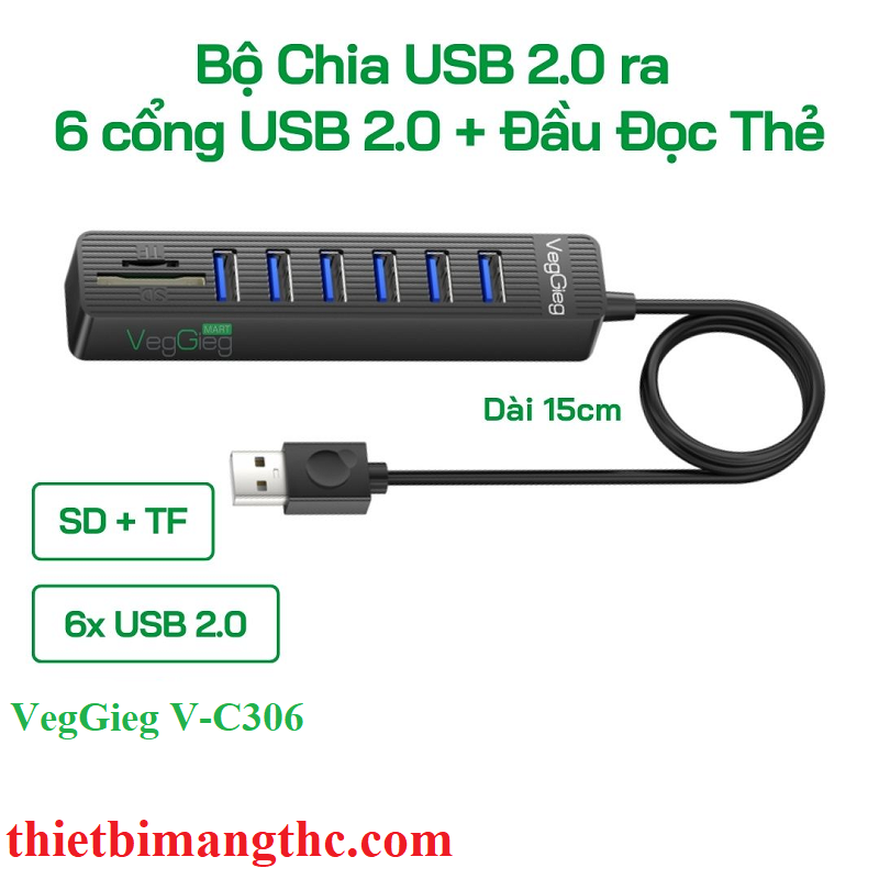 VegGieg V-C306 Bộ Chia/ Hub USB2.0 ra 6 cổng USB2.0 + Đầu Đọc Thẻ (SD+TF 2 in 1) chính hãng