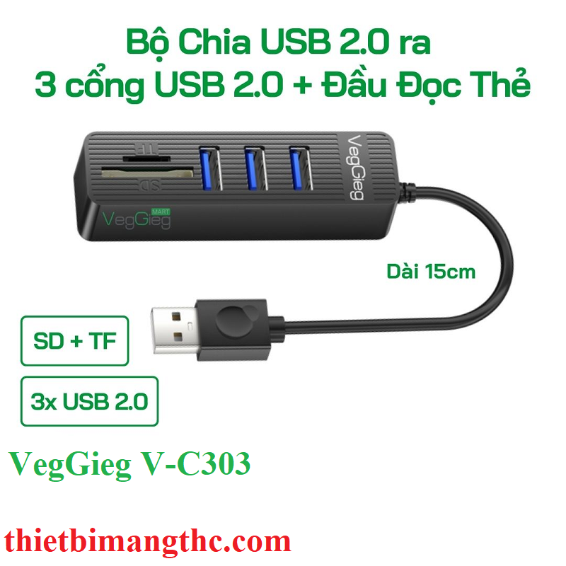 VegGieg V-C303 Bộ Chia USB2.0 ra 3 cổng USB2.0 + Đầu Đọc Thẻ (SD+TF 2 TRONG 1) chính hãng