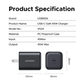 Củ sạc nhanh GaN 45W Type-C hỗ trợ QC4+, PD3.0 Ugreen 65050B (chân dẹt) cao cấp