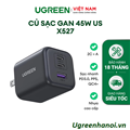 Củ sạc nhanh GaN 45W Ugreen 65155B X527, 3 cổng USB-C x2, USB-A Hỗ trợ QC4+, PD3