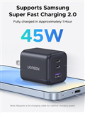 Củ sạc nhanh GaN 45W Ugreen 65155B X527, 3 cổng USB-C x2, USB-A Hỗ trợ QC4+, PD3
