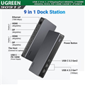 Docking Station USB-C 4K@60Hz 9 in 1 sang DP x2, HDMI x2,RJ45, PD 100W, USB-A&C 