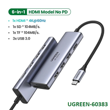 60383 Hub USB typeC sang 3*USB 3.0+HDMI, SD TF hỗ trợ 4K Ugreen 6 in 1