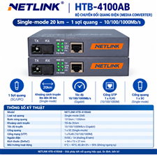 Bộ chuyển đổi quang điện Netlink HTB-4100AB Single-mode 20km loại 1 sợi quang 10/100/1000Mb/s