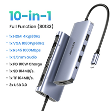 Bộ chuyển đổi USB C ra HDMI + VGA + LAN 1Gbps + Hub USB3.0 + SD/TF + Audio Ugreen 80133 cao cấp