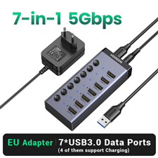 Bộ HUB chia 7 cổng USB 3.0 5Gbps vỏ nhôm, công tắc Ugreen 90305 (kèm nguồn 12V2A) cao cấp
