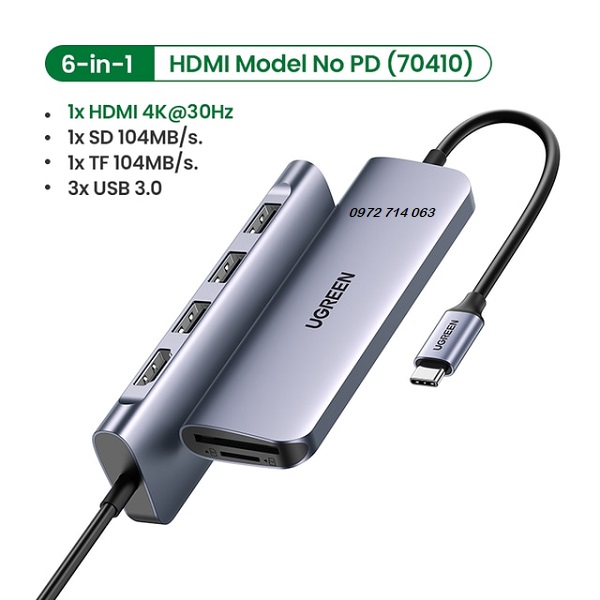 Bộ USB Type C ra HDMI, USB 3.0, đọc thẻ SD/TF Ugreen 70410