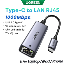 Cáp chuyển Usb Type-C sang Lan 10/100/1000Mbps Ugreen 50737 vỏ nhôm cao cấp