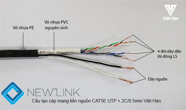 Cáp mạng Việt Hàn CAT5E UTP liền nguồn + 2C/0.5mm Chính hãng