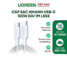 Cáp sạc nhanh 100W/5A USB-C sang USB -C dài 1M Ugreen L502 65255 cao cấp (Titanium) cao cấp