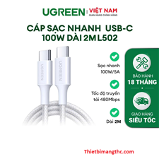 Cáp sạc nhanh 100W/5A USB-C sang USB -C dài 2M Ugreen L502 35221 cao cấp (White) cao cấp